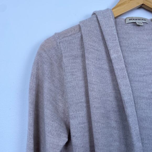 Repeat Merino Wool Hooded Open Front Cardigan Sweater Tan Small - Picture 2 of 6